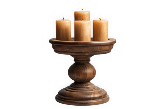 Antique wooden candle holder with lit candles png image for decoration and crafts, isolated on transparent background