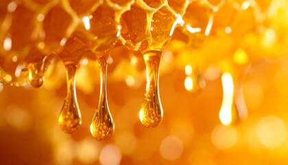 Golden Honey Dripping from Honeycomb Macro Photography