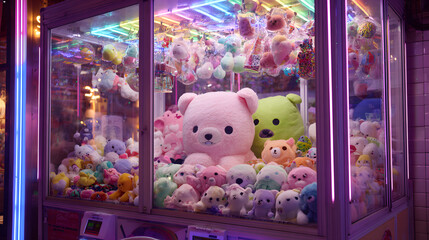 Obraz premium A brightly lit claw machine packed with colorful plush toys and candy, with neon trim lights