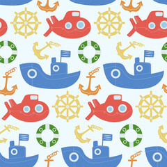 Bright nautical vector pattern featuring boats, submarines, anchors, and steering wheels for cheerful designs.