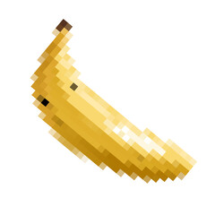 Colorful vector featuring a pixelated banana design in arrangement suitable for various creative projects. Pixel art.