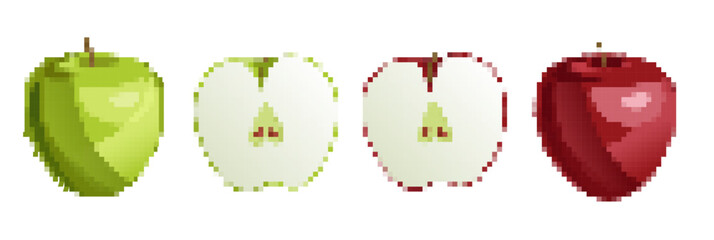 Colorful vector featuring various apples in different styles and colors suitable for background design. Pixel art.