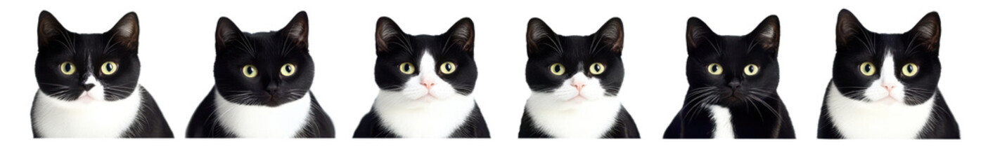 black and white tuxedo cats row on transparent background