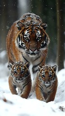 Obraz premium Majestic tiger mother with two cubs walking through snowy forest during winter storm, snow flakes falling on their fur creating magical wildlife scene in natural habitat.