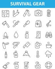 Survival Gear Line Icons, Compass, Knife, Tent, Firestarter, Backpack, Flashlight, Map, Rope, Canteen, flashlight, , Provided in editable EPS and transparent PNG formats for versatile use