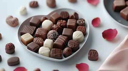 Assorted luxury chocolate pralines and truffles in heart shaped plate with rose petals on pink background, romantic sweet dessert for Valentine's day celebration.