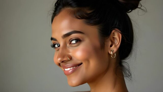 Portrait of a young Indian woman with a subtle smile light makeup gold nose ring and hair styled in a bun medium brown skin tone