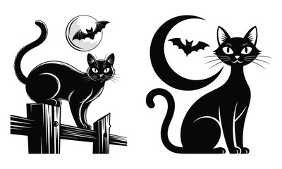 Halloween black cat silhouette, black and white background, black cat art design Vector