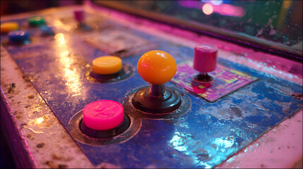 Brightly colored joystick and buttons illuminated by neon lights, showing wear and use