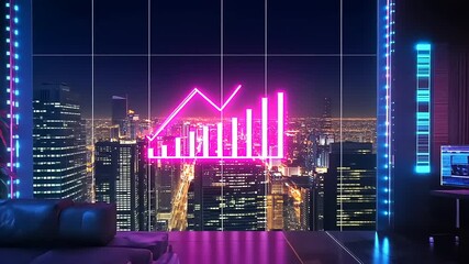 Futuristic urban living room with neon lights and city skyline view, showcasing a digital graph display - Powered by Adobe