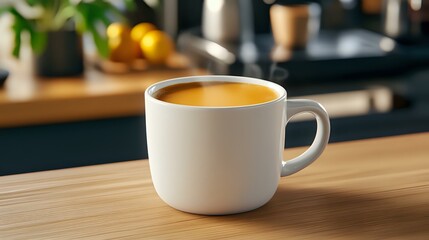 Obraz premium White ceramic cup filled with golden turmeric latte on wooden table surface against dark kitchen background with fresh citrus fruits, cozy morning atmosphere.