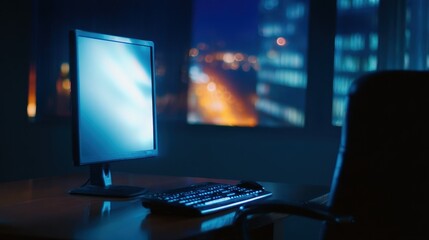 Naklejka premium Empty office desk at night with a glowing computer screen, city skyline visible outside window