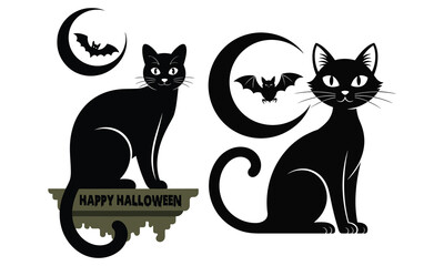 Halloween black cat silhouette, black cat black and white background, black cat art design Vector