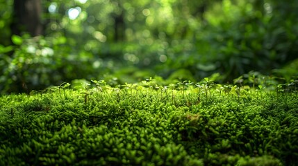 Lush green moss covering the forest floor with a blurred leafy background