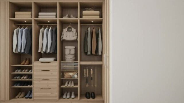 Wooden wardrobe with tiered design, compact home interior storage. Wardrobe with clothes, drawers, shoes, shelves. 4k video