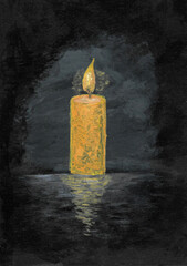 Acrylic painting of single yellow candle with light on black background. copy space for the text. Expressionism art painting on paper. Vertical.