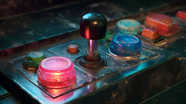 Brightly colored joystick and buttons illuminated by neon lights, showing wear and use - Powered by Adobe