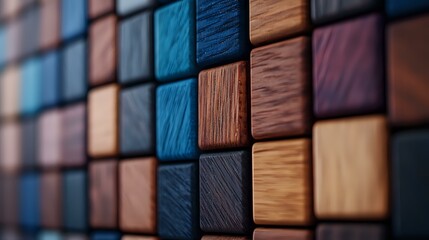 Obraz premium Geometric pattern of wooden and colored blocks creating textured mosaic wall background with blue, brown and purple squares arranged in perspective grid.