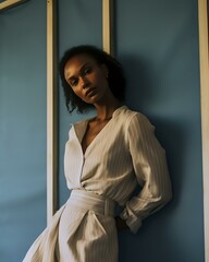 Obraz premium Young African American woman in elegant white wrap dress with puff sleeves poses against blue wall in moody natural lighting, creating atmospheric fashion portrait.
