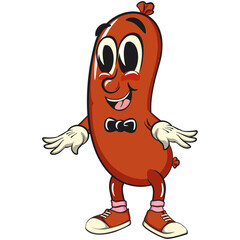 Cheerful sausage cartoon mascot with a bow tie, fun meat snack character illustration, isolated high-quality vector perfect for branding and design use, work of hand drawn