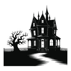Spooky Haunted House and Bare Tree Silhouette Black and White Vector