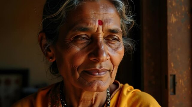 Weathered beauty portrait of a senior Indian woman with deep-set eyes and a traditional tightly plaited bun hairstyle adorned with a bindi