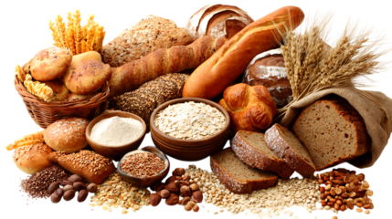 Assorted breads grains and nuts isolated on transparent background