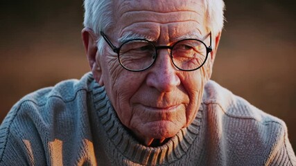 Smiling elderly man in glasses and warm sweater outdoors at sunset, symbolizing wisdom, aging gracefully, happiness in later years, retirement lifestyle, and emotional warmth of senior life