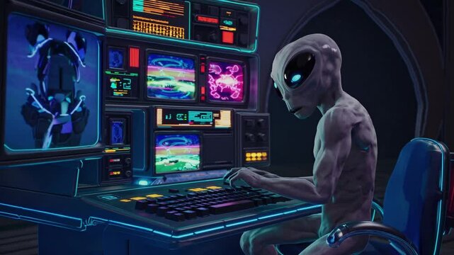 Alien creature using computer in a futuristic control room, symbolizing extraterrestrial intelligence, interstellar exploration, advanced space technology, and science fiction fantasy