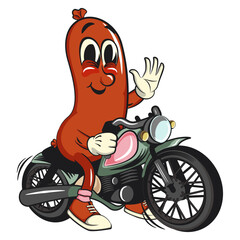 Cheerful sausage cartoon mascot riding a big motorcycle, fun meat snack character illustration, isolated high-quality vector perfect for branding and design use, work of hand drawn