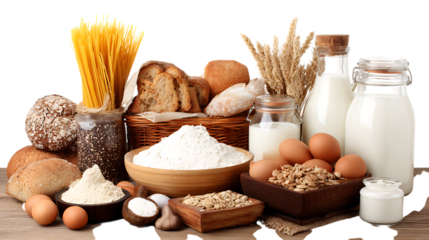 Assorted baking ingredients and dairy products isolated on transparent background