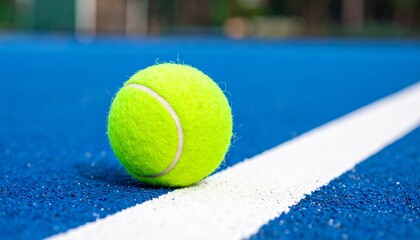 Green tennis balls lie on a blue court, with one isolated on the net, ready for a competitive sport