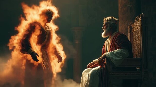 Photorealistic depiction of Isaiah's burning coal angel, conveying a dramatic and intense mood. Inspired by Isaiah 6:6-7, it captures a divine encounter with vivid flames and ethereal presence.