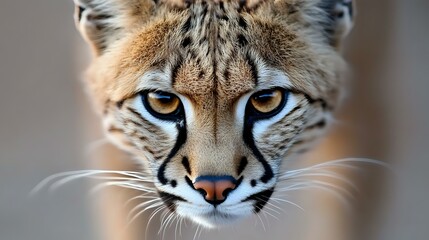 Fototapeta premium Close up portrait of serval wild cat face showing distinctive spotted markings, amber eyes, and long whiskers against blurred natural background.