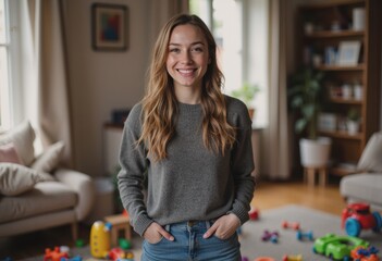 Fototapeta premium Young woman smiling in a living room surrounded by scattered toys