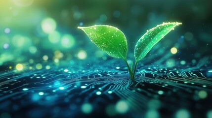Plant sprouting from circuit board symbolizing technology and nature fusion, green growth in digital world, renewable energy, sustainable innovation concept.