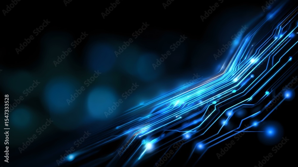 Aufkleber glowing blue circuit lines and light trails flow dynamically against dark background creating futuri