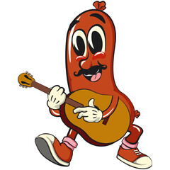 Cheerful sausage cartoon mascot with moustache playing guitar, fun meat snack character illustration, isolated high-quality vector perfect for branding and design use, work of hand drawn