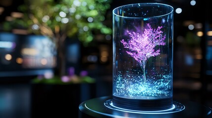 Glowing purple tree in glass cylinder with luminescent blue base creates magical atmosphere against dark background with bokeh lights.