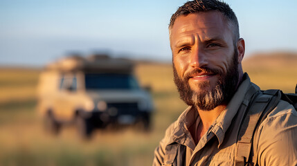 Caucasian male adventurer with beard in safari clothing smiling at sunset with off-road vehicle in background. Outdoor travel and exploration concept.