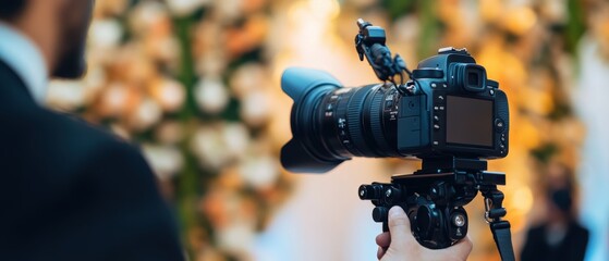 Professional photographer capturing wedding moments with digital camera in blurred floral background photography photography equipment gear artistry event.