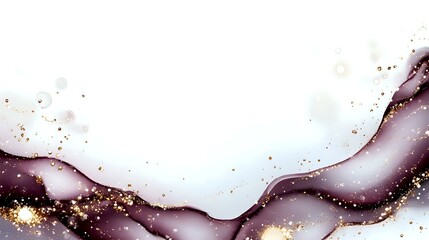 Luxurious burgundy and white marble abstract background with gold glitter accents and flowing liquid texture creates elegant design element for luxury branding.