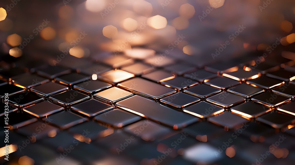 Poster illuminated keyboard keys with warm bokeh lights creating atmospheric depth and texture, close-up ma