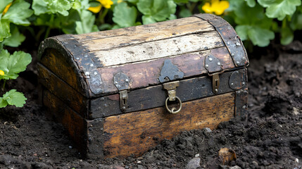 Vintage wooden treasure chest with metal details partially buried in garden soil surrounded by green leaves and yellow flowers, creating mysterious atmosphere.