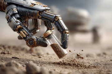  robotic arm delicately collecting a soil sample into a transparent container on a dusty extraterrestrial surface.