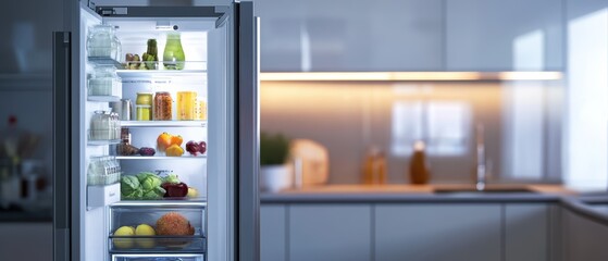 Refrigerator filled with fresh fruits, vegetables, and beverages in modern kitchen interior, healthy eating, meal prep, organized storage, home cooking.