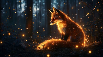 A magical fox spirit glowing in the dark forest 