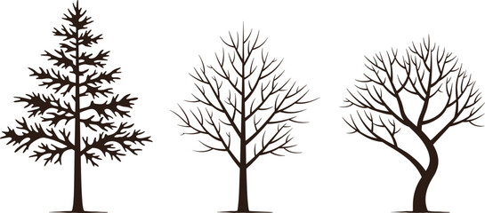 Bare tree silhouette collection, winter leafless trees, hand-drawn nature illustration, forest botanical elements, seasonal vector art for landscape design, rustic wood outline style