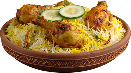 Delicious chicken biryani in clay bowl isolated on transparent background
