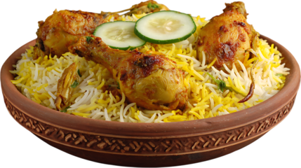 Delicious chicken biryani in clay bowl isolated on transparent background